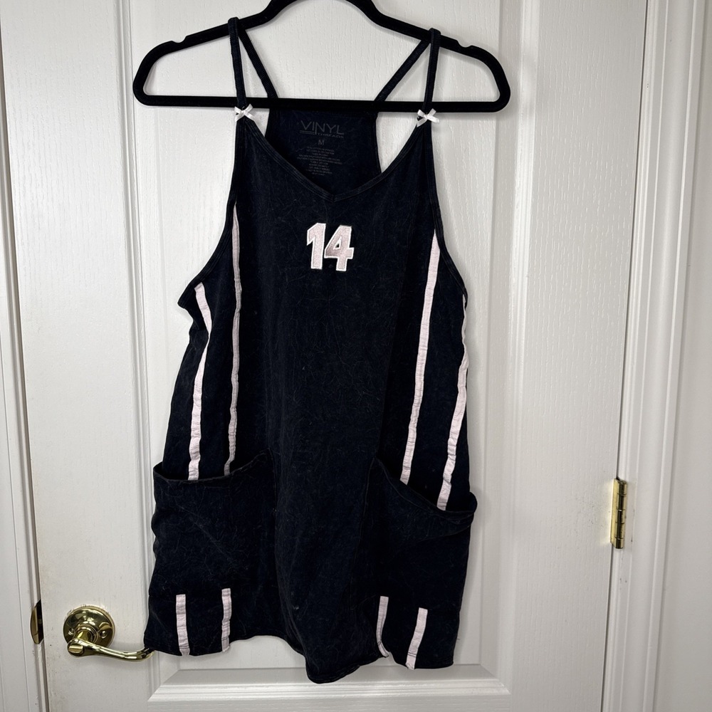 Vinyl Threads Mineral Wash Varsity 14 Tank Dress Sz M Racing Stripe Pockets